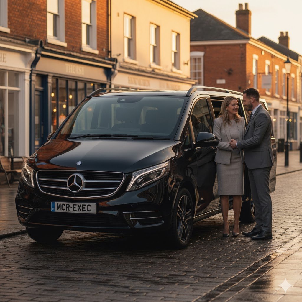 Stockton Heath Chauffeur Services – 2025 Mercedes V-Class by MCR EXEC outside Stockton Heath village with chauffeur assisting couple at sunset.