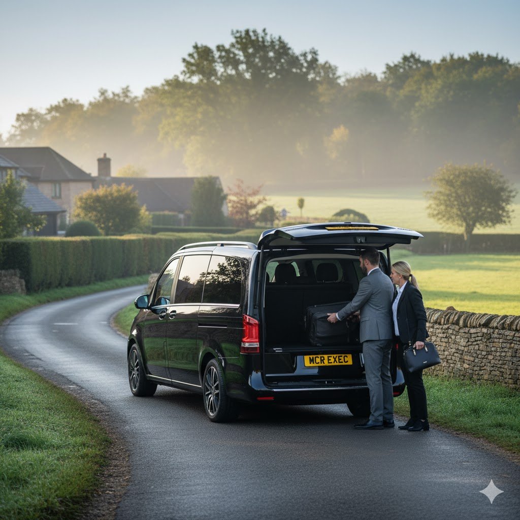 Stretton Chauffeur Services – 2025 Mercedes V-Class by MCR EXEC on country lane in Stretton with chauffeur assisting passenger.