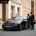 Swinton Executive Transfers Manchester by MCR-EXEC — a black 2025 Mercedes E-Class with MCR-EXEC number plates waits outside the Salford Civic Centre in bright daylight. A suited chauffeur (no hat, no gloves) opens the rear door for a business traveller holding a leather briefcase. The Civic Centre’s modern glass and brick façade reflect on the car’s windows, symbolising corporate professionalism and punctuality. The MCR EXEC logo appears in the top-left corner, emphasising trusted executive transport for business meetings, airport travel, and events across Salford and Manchester