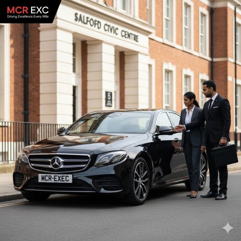 Swinton Executive Transfers Manchester by MCR-EXEC — a black 2025 Mercedes E-Class with MCR-EXEC number plates waits outside the Salford Civic Centre in bright daylight. A suited chauffeur (no hat, no gloves) opens the rear door for a business traveller holding a leather briefcase. The Civic Centre’s modern glass and brick façade reflect on the car’s windows, symbolising corporate professionalism and punctuality. The MCR EXEC logo appears in the top-left corner, emphasising trusted executive transport for business meetings, airport travel, and events across Salford and Manchester
