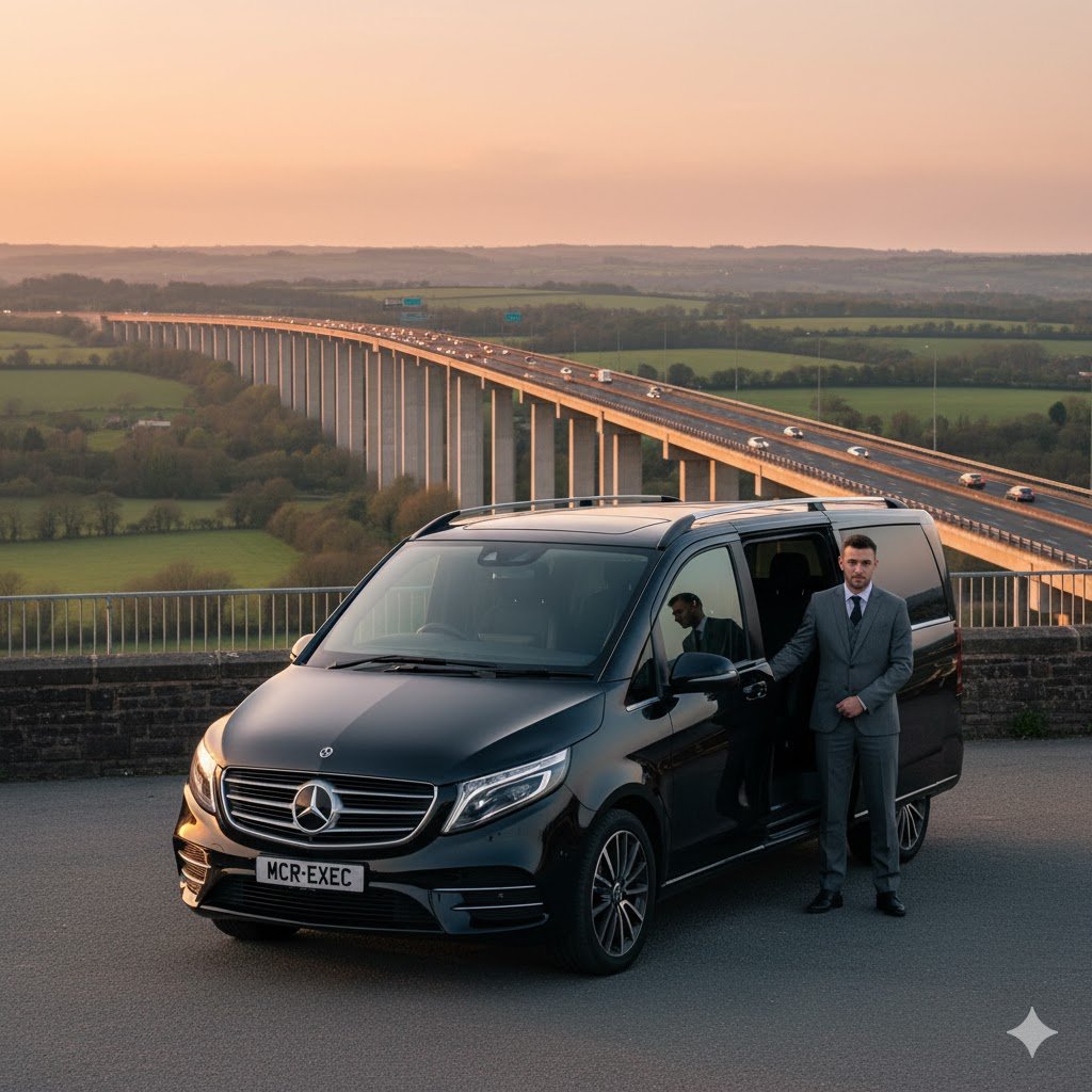Thelwall Chauffeur Services – 2025 Mercedes V-Class by MCR EXEC near Thelwall Viaduct with chauffeur standing beside open door at sunset.