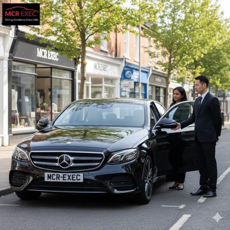 Timperley Chauffeur Service - Black Mercedes E-Class with MCR-EXEC plate parked in Timperley village centre, chauffeur greeting a passenger in bright daylight.