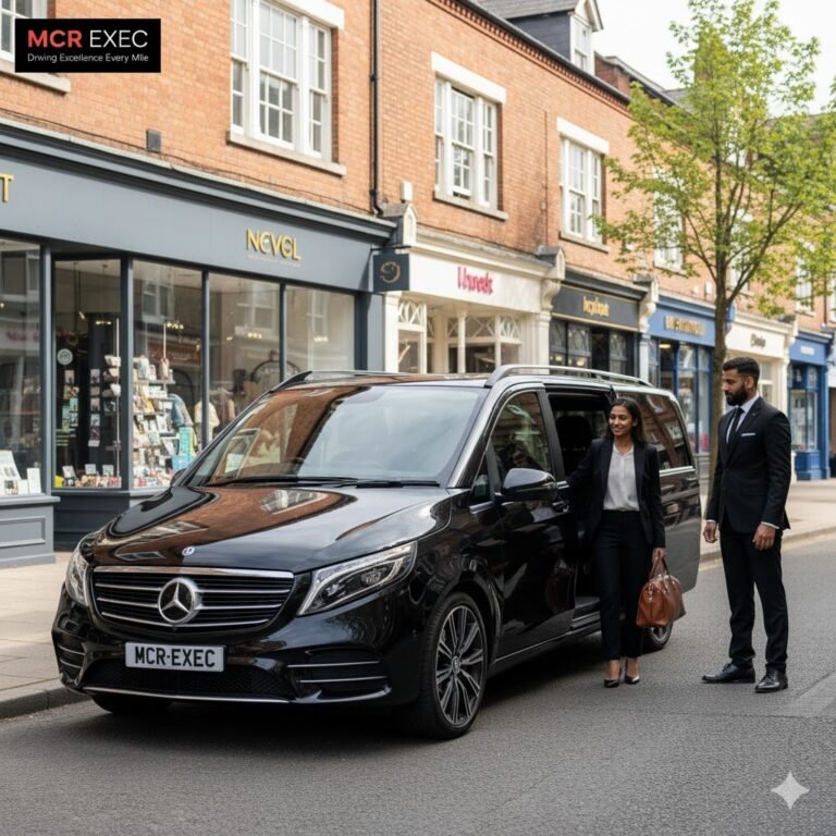 Urmston Chauffeur Service by MCR EXEC featuring a black Mercedes V-Class with MCR-EXEC plate, chauffeur assisting a passenger in Urmston town centre under bright daylight.