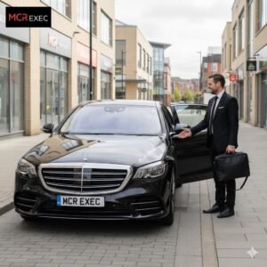Walkden Chauffeur Hire Manchester by MCR-EXEC — a black 2025 Mercedes S-Class with MCR-EXEC plates parked near Walkden Retail Park. A uniformed chauffeur (no hat or gloves) welcomes a business traveller stepping from the vehicle, holding a laptop bag. The background shows Walkden’s retail and residential mix under bright daylight. The MCR EXEC logo appears top-left, conveying professionalism, comfort, and trusted chauffeur hire for airport transfers, business travel, and local journeys across Salford and Manchester