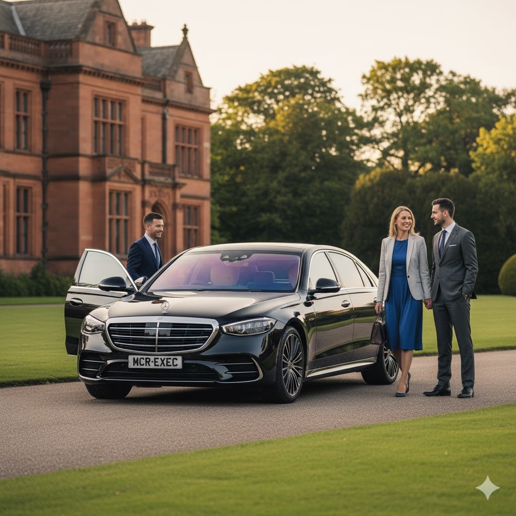 Walton Chauffeur Services – 2025 Mercedes S-Class by MCR EXEC at Walton Hall and Gardens with chauffeur greeting clients.