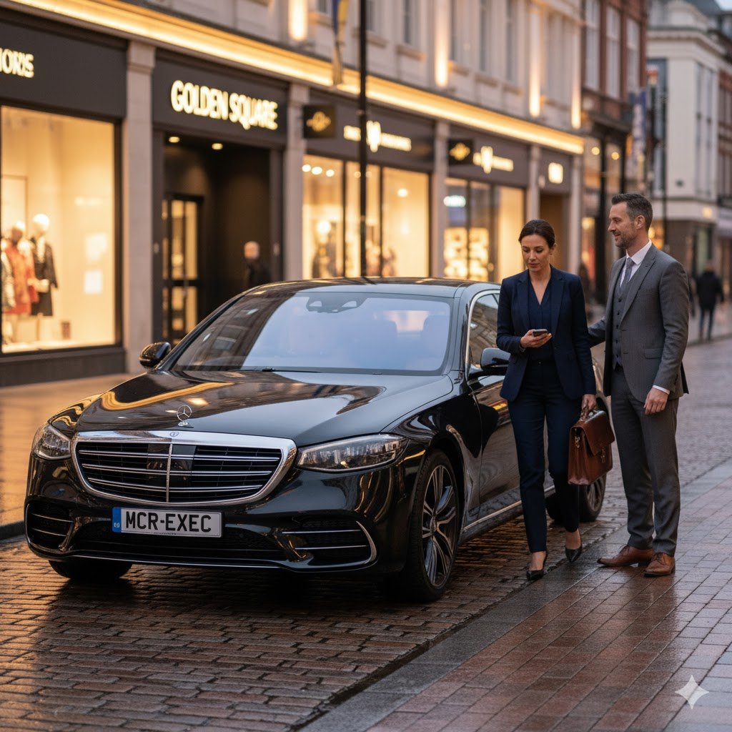 Warrington Chauffeur Services – black Mercedes S-Class by MCR EXEC near Golden Square Warrington with chauffeur greeting passenger.