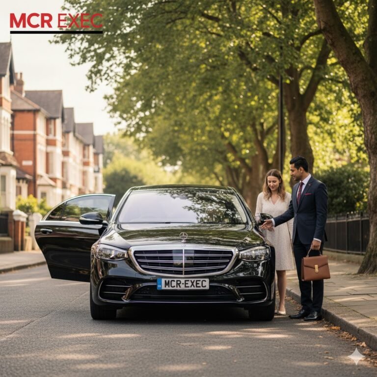 Black Mercedes S-Class with MCR-EXEC plate on Alexandra Road South, Whalley Range, Manchester, chauffeur assisting a passenger in the afternoon light