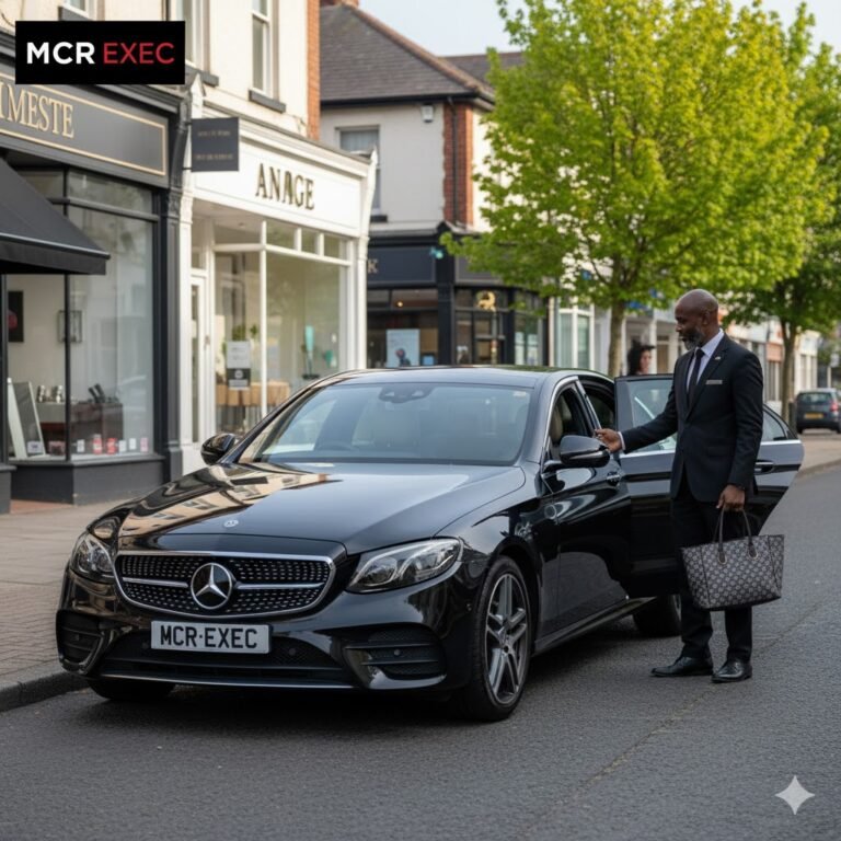 Mercedes E-Class with MCR-EXEC plate parked on Bury New Road, Whitefield, Manchester, chauffeur holding the rear door open for a client. Whitefield Chauffeur Service