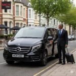Black Mercedes V-Class with MCR-EXEC plate on Wilmslow Road, Withington, Manchester. Chauffeur opens the rear door for a client under bright daylight.
