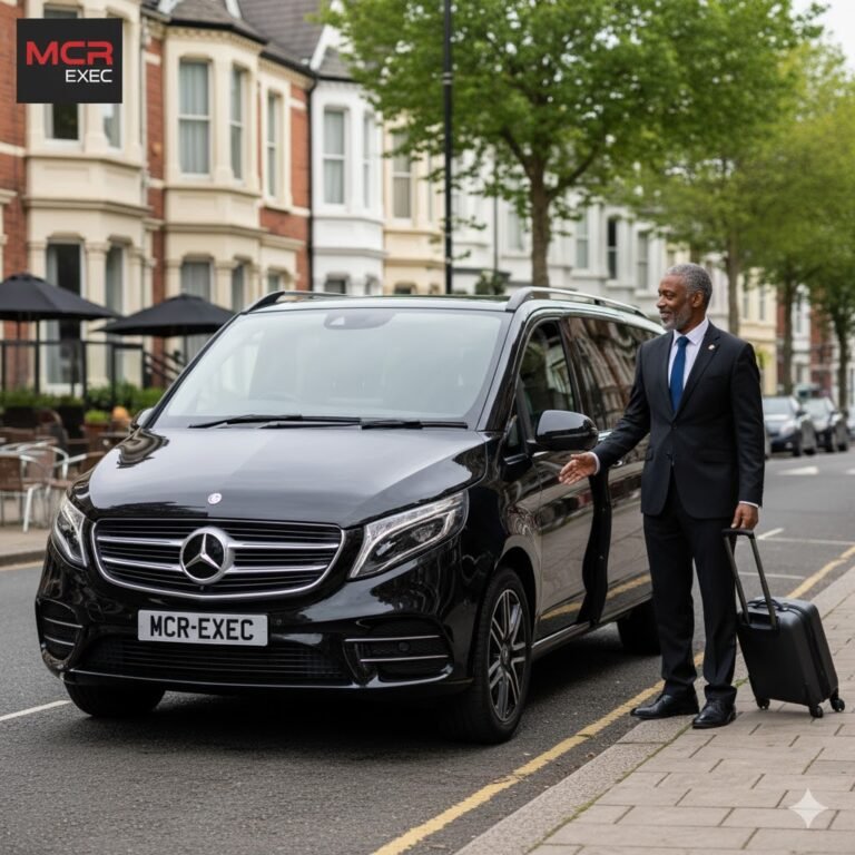 Black Mercedes V-Class with MCR-EXEC plate on Wilmslow Road, Withington, Manchester. Chauffeur opens the rear door for a client under bright daylight.