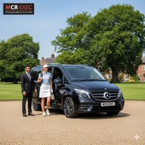 Worsley Luxury Car Hire Manchester by MCR-EXEC — a black 2025 Mercedes V-Class with MCR-EXEC plates is parked outside the Worsley Marriott Country Club. The chauffeur, dressed in a tailored black suit (no hat or gloves), opens the sliding passenger door as a couple step out with golf bags and travel accessories. The scene captures a bright afternoon with manicured lawns, trees, and the hotel entrance in view. The MCR EXEC logo appears in the top-left corner, symbolising professionalism, refinement, and comfort for premium chauffeur hire in Manchester’s most exclusive suburb