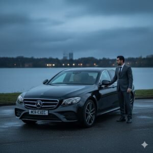 Business Travel Audenshaw – black Mercedes E-Class chauffeur vehicle by MCR EXEC beside Audenshaw Reservoir at dusk.