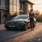 Chauffeur Service Carrbrook – Black female chauffeur with black Mercedes E-Class by MCR EXEC outside family home at sunset.