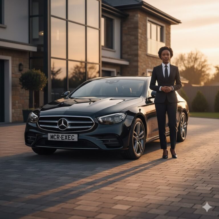 Chauffeur Service Carrbrook – Black female chauffeur with black Mercedes E-Class by MCR EXEC outside family home at sunset.