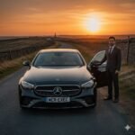 Executive Car Hire Gee Cross – black Mercedes E-Class by MCR EXEC near Werneth Low Country Park at sunset.