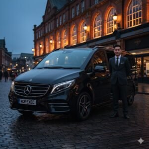 Executive Transfers Ashton-under-Lyne – black Mercedes V-Class MPV by MCR EXEC parked beside Ashton Market Hall at dusk.
