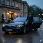 Executive Transfers Mottram-in-Longdendale – Black British chauffeur with black Mercedes S-Class by MCR EXEC outside Mottram Hall Hotel at dusk.