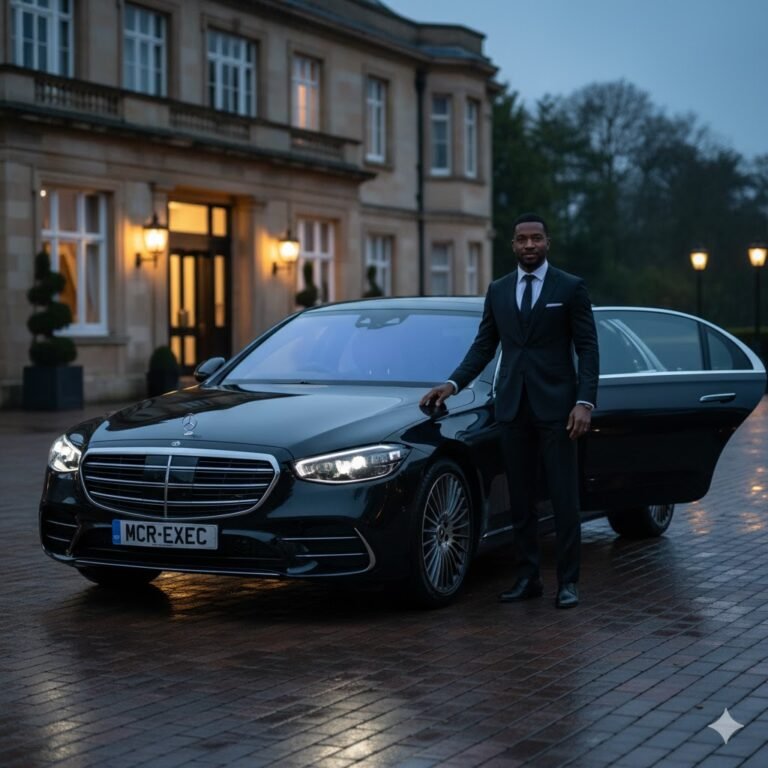 Executive Transfers Mottram-in-Longdendale – Black British chauffeur with black Mercedes S-Class by MCR EXEC outside Mottram Hall Hotel at dusk.