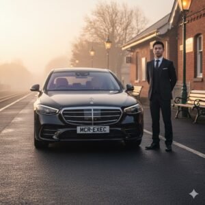 Executive Travel Broadbottom – East Asian chauffeur with black Mercedes S-Class by MCR EXEC at Broadbottom Train Station in morning light.
