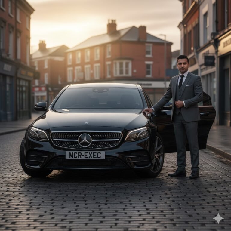 Luxury Car Hire Hyde – black Mercedes E-Class chauffeur vehicle by MCR EXEC on Market Street Hyde at sunrise.