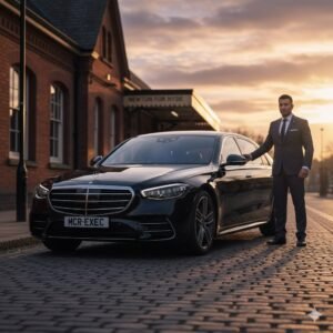 Luxury Chauffeur Newton Hyde – black Mercedes S-Class by MCR EXEC at Newton Train Station during sunset