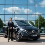 Luxury Transport Hollingworth – South Asian chauffeur with black Mercedes V-Class by MCR EXEC outside office building in Hollingworth morning scene.