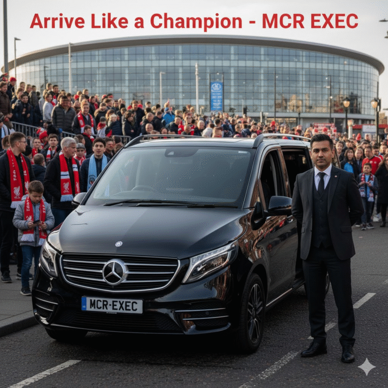 Manchester City vs Liverpool Chauffeur – Black Mercedes V-Class 2025 with MCR-EXEC number plate outside Etihad Stadium, Manchester. Professional chauffeur in tailored suit stands beside the vehicle as fans gather for the Premier League match, operated by MCR EXEC