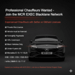 Recruitment poster for MCR EXEC Blacklane Network showing a black 2025 Mercedes EQE with an “MCR-EXEC” number plate. Text highlights requirements for professional chauffeurs with Sefton or Oldham licences, licensed black vehicles under four years old, and eligible Mercedes or BMW models. Manchester Chauffeur Partner Programme