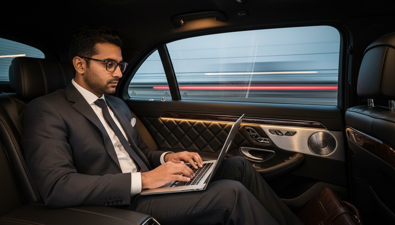 Manchester to Gatwick executive travel by MCR-EXEC showing a business traveller working on a laptop in the rear cabin of a black Mercedes-Benz S-Class executive saloon, highlighting luxury long-distance chauffeur travel, professional executive car hire, black vehicle interior, and premium comfort provided by MCR-EXEC.