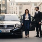 Cab for company service showing a professional chauffeur assisting a business passenger into a black Mercedes-Benz S-Class executive saloon in a city business district, featuring MCR-EXEC number plates and delivering corporate cab services by MCR EXEC.