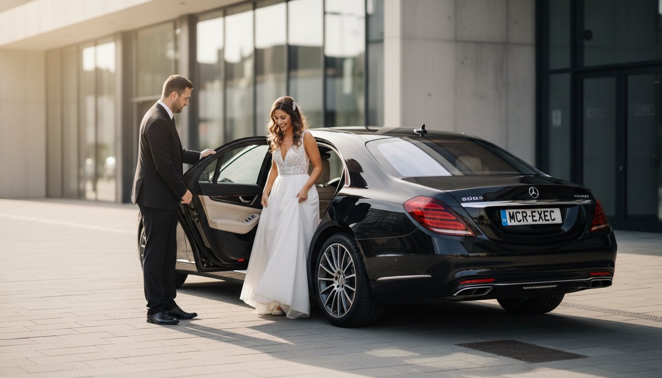 Wedding Car Hire by MCR-EXEC showing a professional chauffeur opening the rear door of a black Mercedes-Benz S-Class executive saloon for a bride in a white wedding dress outside a modern venue, highlighting luxury wedding transport, elegant arrival, black vehicle finish, and premium chauffeur service with MCR-EXEC number plate visible.