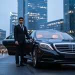 Chauffeur Service Manchester Airport featuring a professional MCR-EXEC chauffeur standing beside a black Mercedes-Benz S-Class executive saloon with illuminated interior, parked in a modern Manchester city business district at dusk, showcasing premium airport chauffeur transport with MCR-EXEC number plate visible.