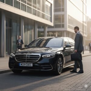 Business chauffeur services explained for UK corporate travel, showing a black Mercedes S-Class luxury saloon with MCR-EXEC number plate collecting a business traveller outside a UK office building