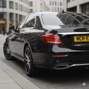 Is chauffeur hire charged per hour or per mile in the UK, shown with a black Mercedes E-Class executive saloon with MCR-EXEC number plate waiting during a professional UK chauffeur booking