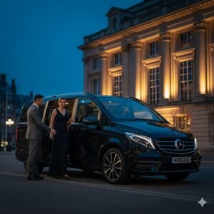 Chauffeur pricing for events in the UK, shown with a black Mercedes V-Class executive MPV with MCR-EXEC number plate arriving at a UK event venue with a professional chauffeur