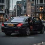 What is included in chauffeur pricing in the UK, illustrated by a black Mercedes S-Class luxury saloon with MCR-EXEC number plate during an executive evening journey in a UK city