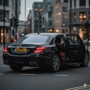 What is included in chauffeur pricing in the UK, illustrated by a black Mercedes S-Class luxury saloon with MCR-EXEC number plate during an executive evening journey in a UK city