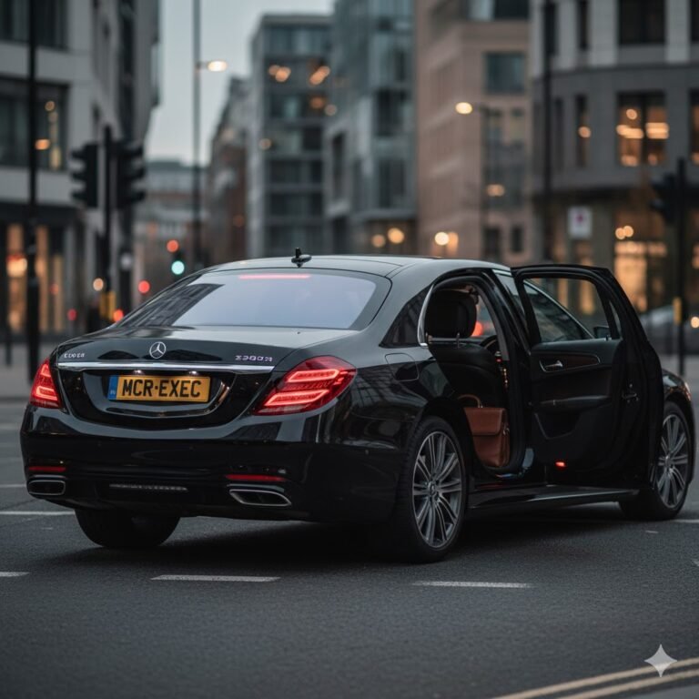 What is included in chauffeur pricing in the UK, illustrated by a black Mercedes S-Class luxury saloon with MCR-EXEC number plate during an executive evening journey in a UK city