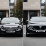 Chauffeur service vs executive car hire in the UK, illustrated with a black Mercedes E-Class showing the difference between a professional MCR-EXEC chauffeur-led service and self-managed executive car hire