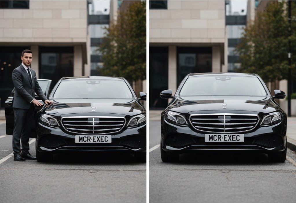 Chauffeur service vs executive car hire in the UK, illustrated with a black Mercedes E-Class showing the difference between a professional MCR-EXEC chauffeur-led service and self-managed executive car hire