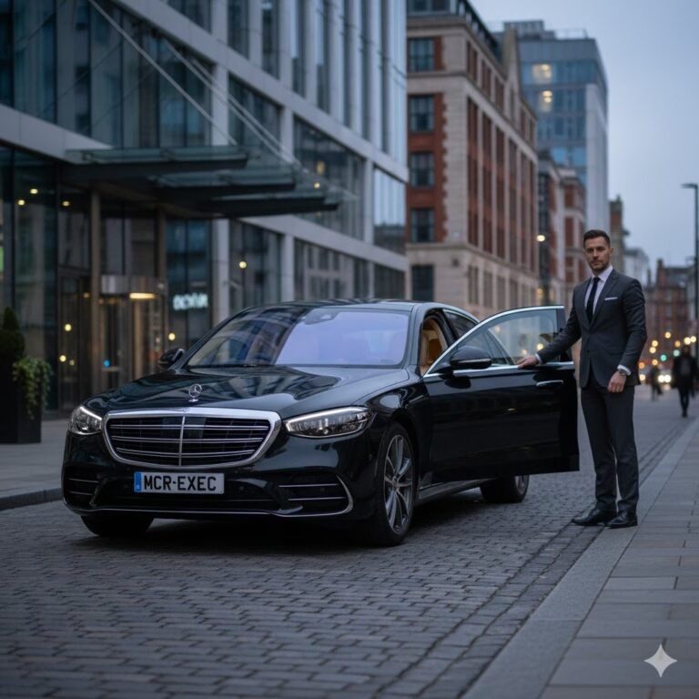 Chauffeur vs Uber in Manchester showing a professional chauffeur opening the door of a black Mercedes S-Class luxury vehicle with MCR-EXEC number plate in Manchester city centre, highlighting the difference between executive chauffeur service and ride-hailing transport.