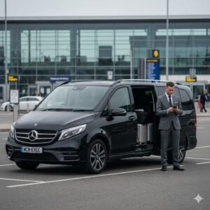 Chauffeur waiting time explained in the UK, showing a professional MCR-EXEC chauffeur beside a black Mercedes V-Class MPV waiting calmly at a UK airport terminal