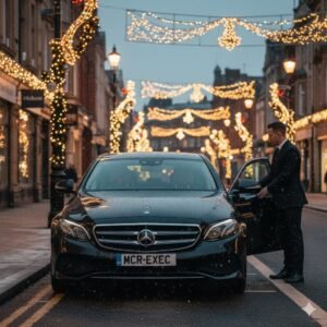 A black Mercedes E-Class 2025 from MCR EXEC parked in Oldham town centre during the Christmas season. A professional chauffeur opens the rear door as festive lights illuminate the winter streets. Light snowfall enhances the seasonal ambience and reflects the premium comfort of Executive Transfers Oldham.