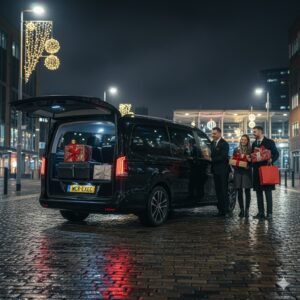 A 2025 black Mercedes V-Class from MCR EXEC stands near Oldham Mumps Metrolink during a festive winter evening. The chauffeur loads Christmas gifts and luggage while bright seasonal lights illuminate the scene. This image reflects the comfort and reliability of Executive Transfers Oldham during Christmas 2025.