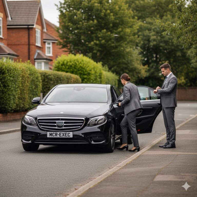 Can you hire a chauffeur for a few hours in the UK, shown with a black Mercedes E-Class executive saloon with MCR-EXEC number plate during a short hourly chauffeur booking