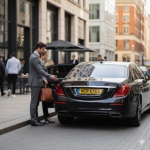 Hourly chauffeur hire explained in the UK, showing a black Mercedes S-Class luxury saloon with MCR-EXEC number plate during a flexible business stop with a professional chauffeur