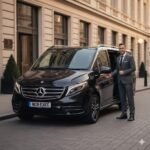How much does a chauffeur cost per day in the UK, shown with a professional chauffeur standing beside a black Mercedes V-Class executive MPV with MCR-EXEC number plate outside a luxury UK city hotel entrance