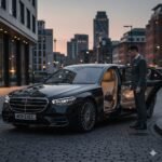How Much Should You Pay a Chauffeur – professional MCR EXEC chauffeur opening the rear door of a black Mercedes S-Class luxury saloon in Manchester, illustrating premium chauffeur pricing, executive transport value, and licensed private hire standards in the UK