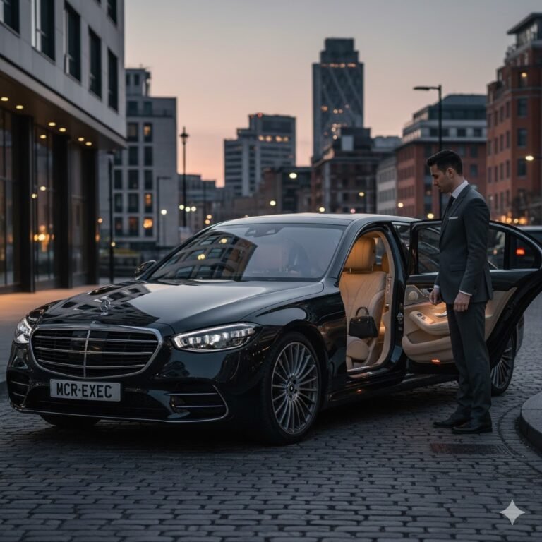 How Much Should You Pay a Chauffeur – professional MCR EXEC chauffeur opening the rear door of a black Mercedes S-Class luxury saloon in Manchester, illustrating premium chauffeur pricing, executive transport value, and licensed private hire standards in the UK