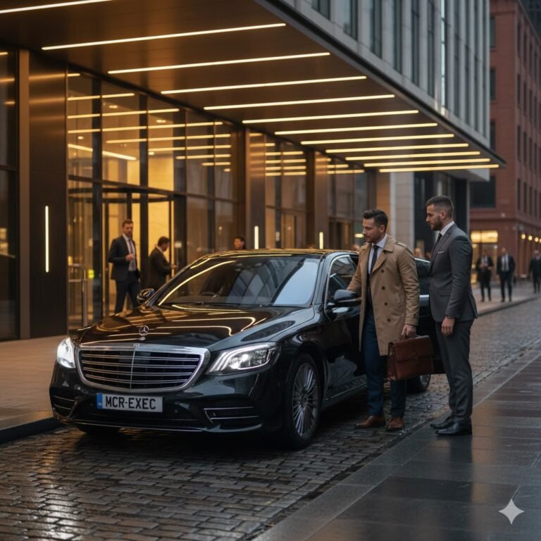 Is a chauffeur worth it – professional chauffeur opening the rear door of a black Mercedes S-Class luxury vehicle with MCR-EXEC number plate outside a modern Manchester city hotel